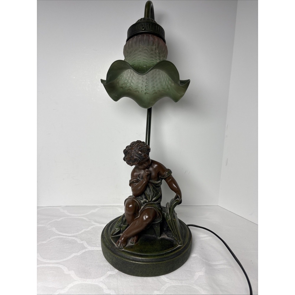 A Moreau Accent Lamp Boy Reading Book Bronze Green Tabletop Signed Vintage